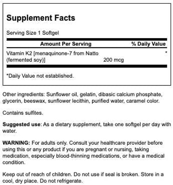 Swanson Maximum Strength Vitamin K2 (Menaquinone-7)-Vitamin Supplement Supporting Cardiovascular and Bone Health-Made from Japanese Natto to Help Regulate Calcium (30 Softgels, 200mcg Each) 4 Pack