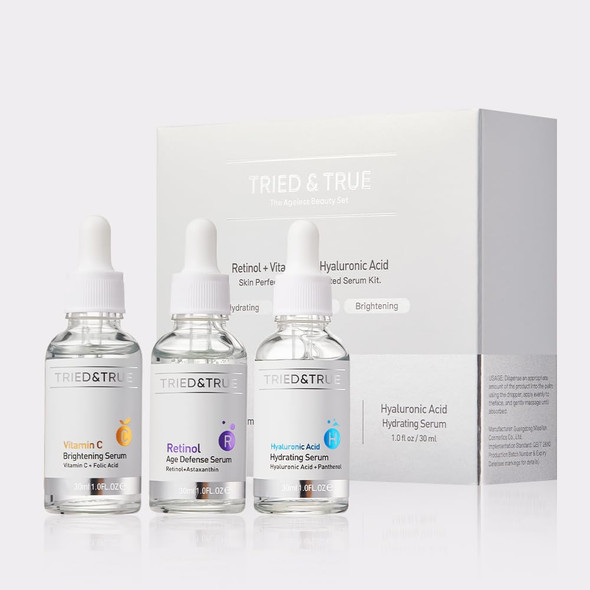 Tried And True The Ageless Beauty Kit Retinol Serum Vitamin C Serum And Hyaluronic Acid Serum Skin Brightening AntiAging Skin Perfecting Kit 3 Serum Set Tried & True