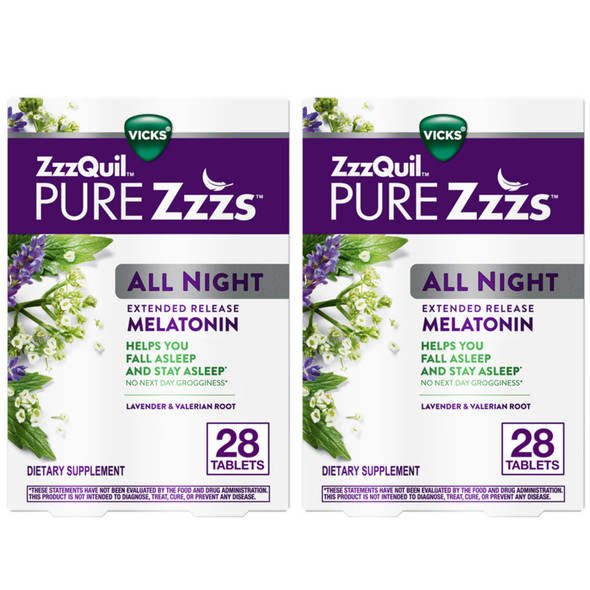Zzzquil Pure Zzzs All Night Extended Release Melatonin Sleep Aid Tablets Helps You Stay Asleep Longer Sleep Aid For Adults 2 Mg Per Tablet 56 Total Tablets (2 Packs Of 28)