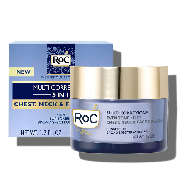 RoC Multi Correxion 5 in 1 Chest, Neck, and Face Moisturizer Cream with SPF 30, for Neck Firming and Wrinkles, Vitamin E & Shea Butter, Oil Free Skin Care, 1.7 Oz