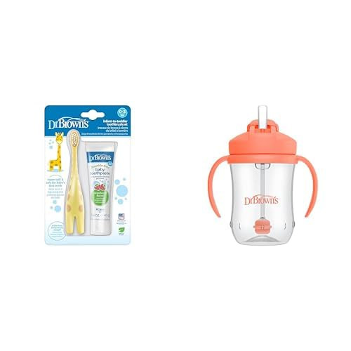Dr. BrownS InfantToToddler Training Toothbrush Set FluorideFree Baby Toothpaste Strawberry & Milestones BabyS First Straw Cup Cup Weighted Straw Coral 6M+