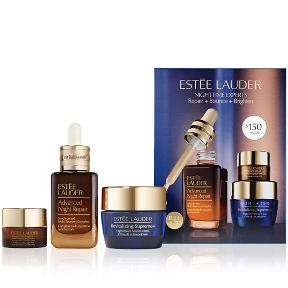 EsteE Lauder Nighttime Experts 3Piece Travel Size Skincare Set Repair + Bounce + Brighten Includes Face Serum Eye Cream + Moisturizer 0.5 Ounce 1 Fl Oz 0.17 Fl Oz
