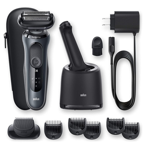 Braun Electric Razor for Men, Waterproof Foil Shaver, Series 6 6075cc, Wet & Dry Shave, With Beard Trimmer for Grooming, Clean & Charge SmartCare Center and Leather Travel Case ,Rechargeable, Black