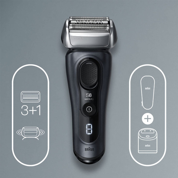 Braun Electric Razor for Men, Series 8 Foil Shaver with Precision Beard Trimmer, Wet & Dry Shaver with Cleaning & Charging 4-in-1 SmartCare Center and Travel Case, Grey