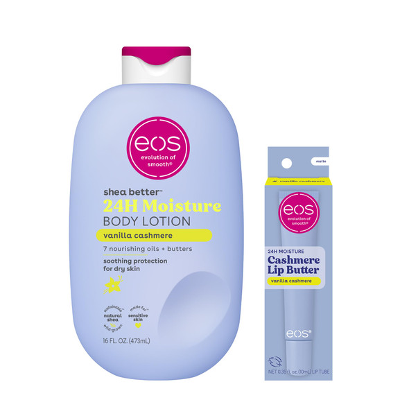 Bundle Of Eos Cashmere Lip Butter Vanilla Cashmere Plumping Peptides Smoothing + Shea Better Body Lotion Vanilla Cashmere 24Hour Moisture Skin Care Body Lotion 16 Fl Oz 0.35 Fl Oz