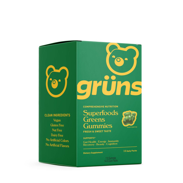 Gruns Super Greens Gummy Bears Organic Spirulina And Chlorella Prebiotics For Digestive Health 20+ Vitamins And Minerals 14 Sachets 112 Gummies