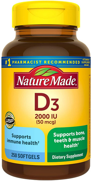 Nature Made Vitamin D3, 250 Softgels, Vitamin D 2000 IU (50 mcg) Helps Support Immune Health, Strong Bones and Teeth, & Muscle Function, 250% of the Daily Value for Vitamin D in One Daily Softgel