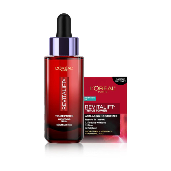LOreal Paris Revitalift Triple Power Face Serum With TriPeptides Hyaluronic Acid And Vitamin C Anti Aging Anti Wrinkle Serum To Firm And Brighten 1 Fl Oz + Sample