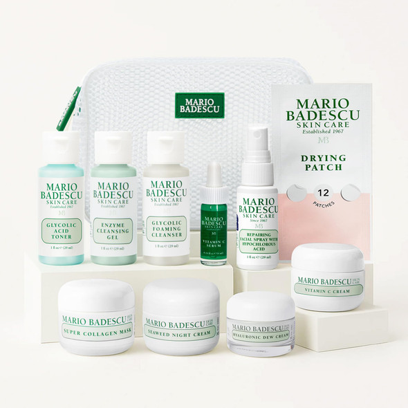 Mario Badescu A Little Bit Of Mario 10Piece Skincare Kit Vitamin C Serum Glycolic Acid Toner Hyaluronic Dew Cream Collagen Mask Hoci Spray & Cleanser Brightening AntiAging & Hydration Travel & Set