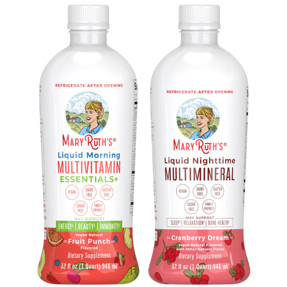MaryruthS Liquid Morning Multivitamin (Fruit Punch) & Liquid Nighttime Multimineral (Cranberry) Clean Label Project Verified Vegan Vitamins For Energy Bedtime & Overall Health