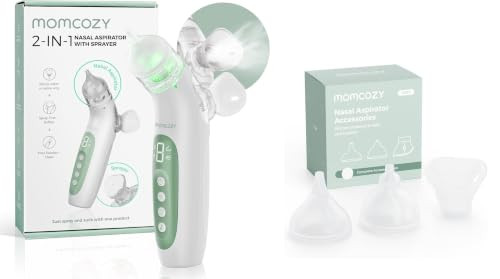 Momcozy Breezyclear 2In1 Electric Nasal Aspirator Bundle For Baby Spray And 65Kpa Suction 4 Levels Low Noise Light & Music With 2 Tips And 1 Nasal Mask