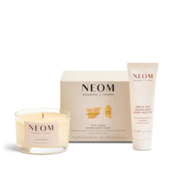 Neom Feel Good Mood Boost Duo Set I Contains Happiness Travel Candle 75G Great Day Magnesium Body Butter I 100% Natural Scent I Sprinkle Happy Vibes 30Ml