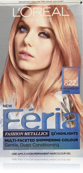 L'Oreal Paris Feria Multi-Faceted Shimmering Permanent Hair Color, 822 Rose Gold (Medium Iridescent Blonde), Pack of 1, Hair Dye