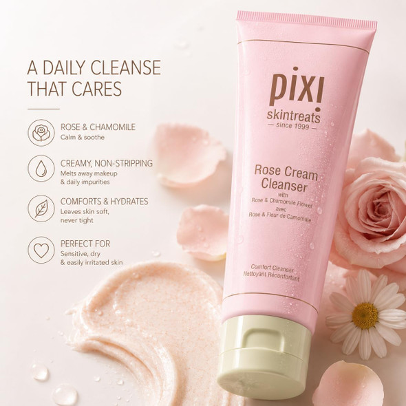 Pixi Beauty Rose Cream Cleanser Hydrating Face Wash For Dry & Sensitive Skin Soothing Cream Facial Cleanser With Rose Oil Avocado & Chamomile NonStripping Daily Cleanser 4.57 Fl Oz