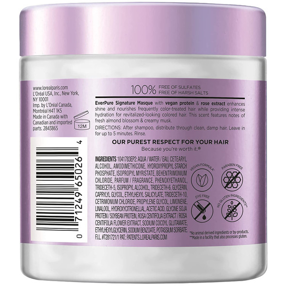 L'Oreal Paris EverPure Sulfate Free Signature Masque Pro Color Care, Hair Mask for Dry, Color Treated Hair, UV Filter, with Vegan Protein, Vegan Formula, Paraben Free, Dye Free, Gluten Free, 8 fl oz