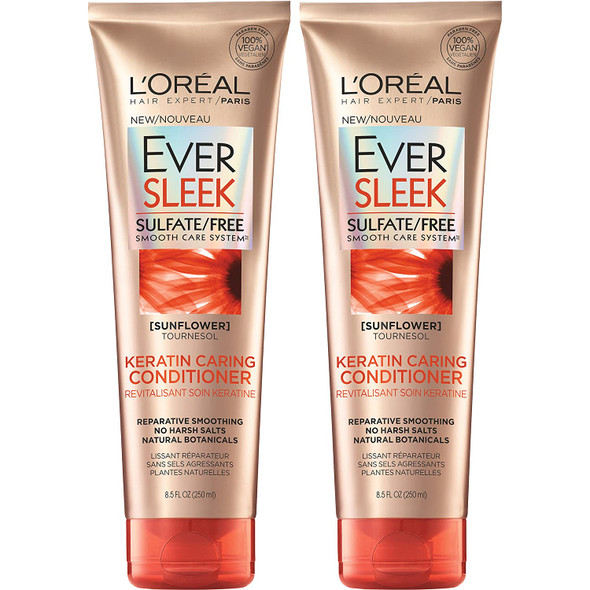 L'Oreal Paris EverSleek Keratin Caring Conditioner, with Sunflower Oil, 2 Count (8.5 Fl; Oz each)