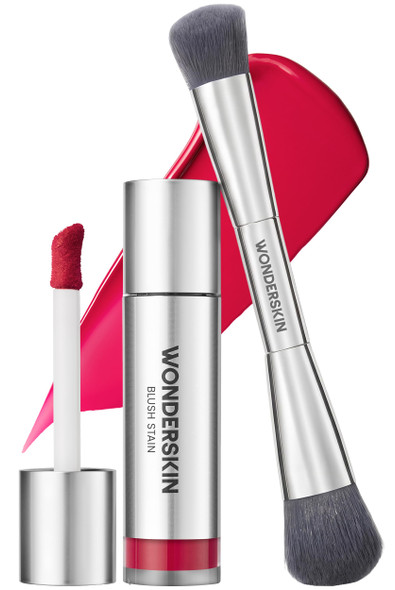 Wonderskin Beauty Essentials Set Liquid Blush Stain In Flutter And DualEnded Blush & Contour Brush
