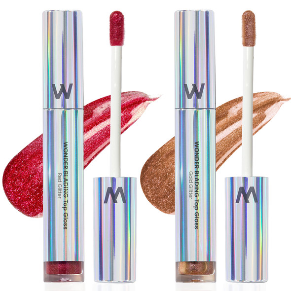 Wonderskin Wonder Blading Top Gloss Glitter Lip Gloss Hydrating And High Shine Finish Lip Makeup (Red Glitter + Gold Glitter)