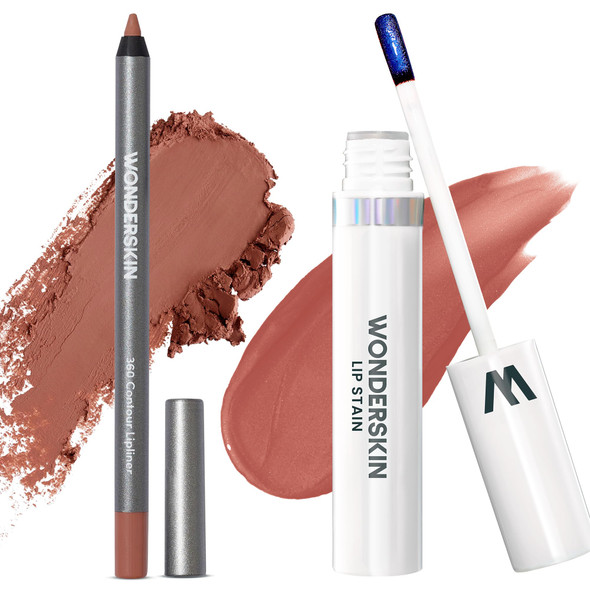 Wonderskin Wonderblading Lip Stain Peel Off Masque (Lovely) With 360 Contour Lipliner (Saddle)