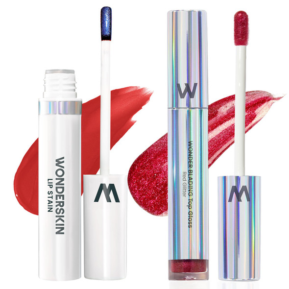 Wonderskin Wonder Blading Lip Stain Peel Off Masque Long Lasting Waterproof (Hayley) With Top Gloss Red Glitter Lip Gloss Hydrating And High Shine Finish