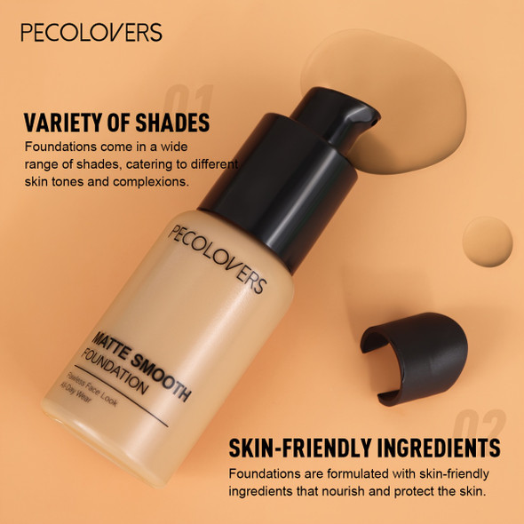 PECOLOVERS Natural Matte Liquid Foundation - Natural Finish Lightweight Full Coverage Multiple Shades Concealer Suitable for Date and Daily Needs 03
