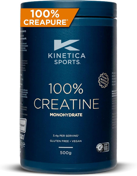 Kinetica Sports Creapure  100% Creatine Monohydrate Powder - Unflavoured 3.4g Creatine/Serve, 147 Servings/500g Pack  Vegan and Gluten Free  Optimum for High Physical Performance & Muscle Power