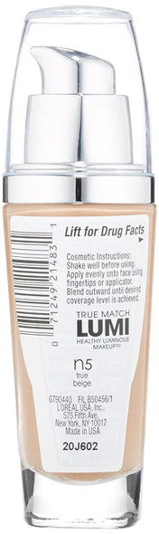 L'Oreal Paris True Match Lumi Healthy Luminous Makeup, N5 True Beige, 1 fl; oz.