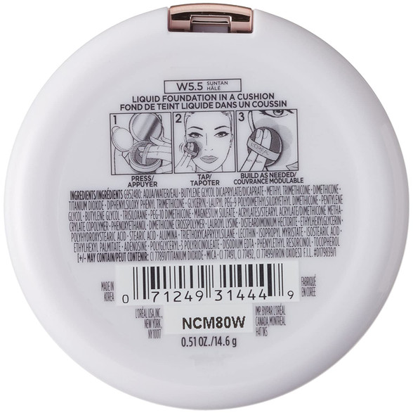 L'Oral Paris True Match Lumi Cushion Foundation, W5.5 Suntan, 0.51 oz.