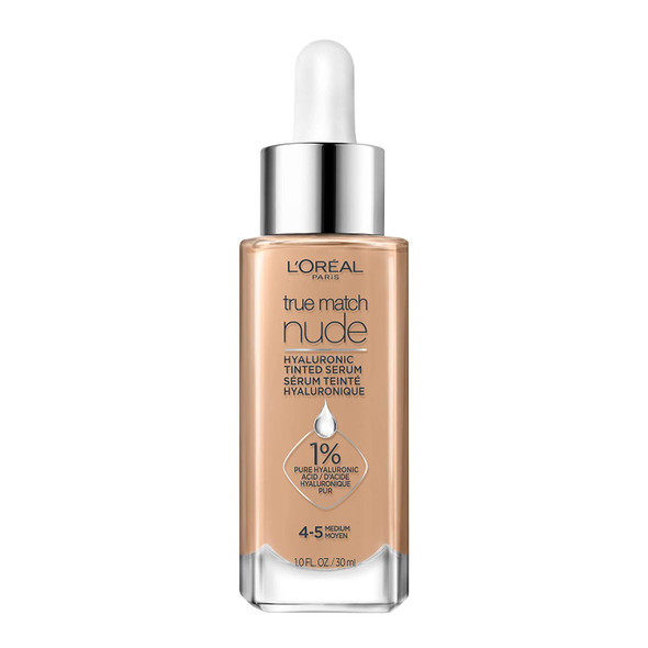 L'Oreal Paris True Match Nude Hyaluronic Tinted Serum Foundation with 1% Hyaluronic acid, Medium 4-5, 1 fl. oz.