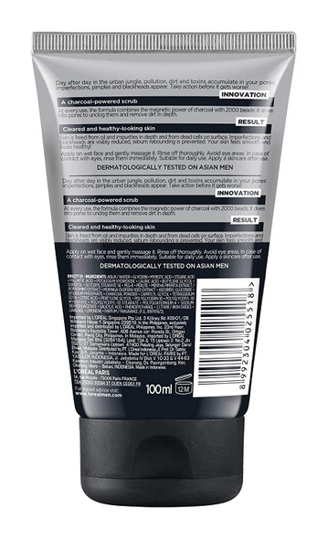 L'Oreal Men Expert Pure and Matte Charcoal Black Scrub, 3.3 Ounce