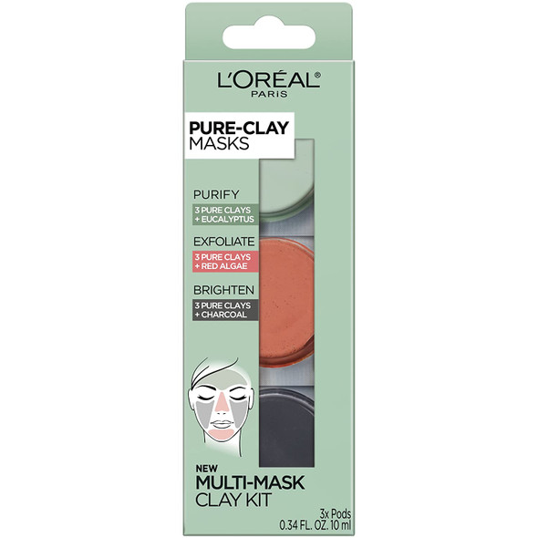 L'Oral Paris Skincare Pure-Clay Face Mask Trial Size Set, Includes 3 Different Face Masks Made With Charcoal, Red Algae and Eucalyptus, Set