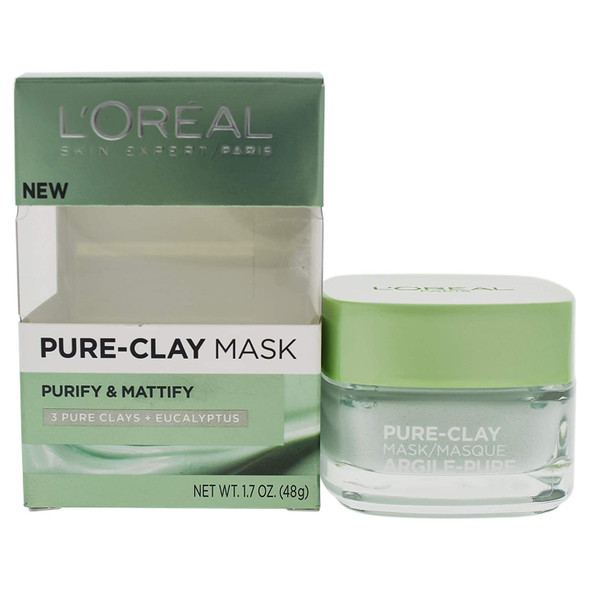 L'Oral Paris Skincare Pure-Clay Face Mask with Eucalyptus for Oily and Shiny Skin to Purify and Matify, 1.7 Ounce (Pack of 1)