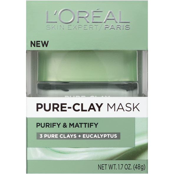 L'Oral Paris Skincare Pure-Clay Face Mask with Eucalyptus for Oily and Shiny Skin to Purify and Matify, 1.7 Ounce (Pack of 1)