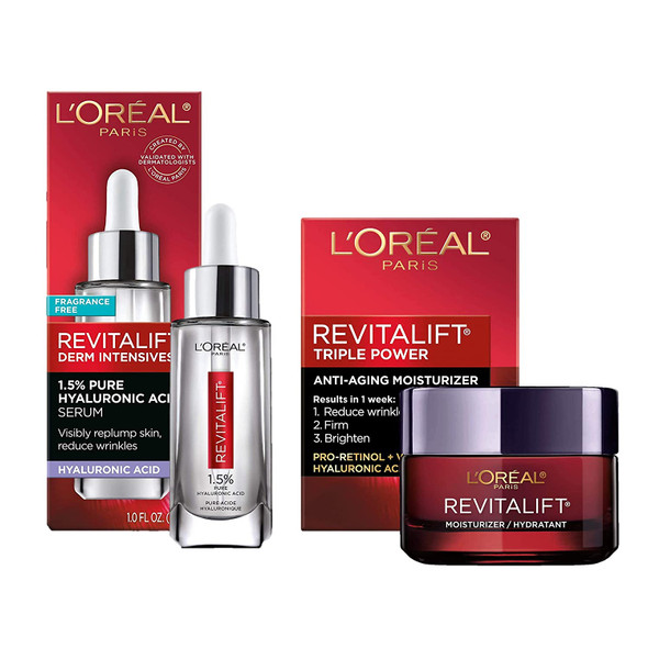 L'Oreal Paris Hyaluronic Acid Serum For Face with Vitamin C and Triple Power Face Moisturizer Revitalift Anti-Aging Skin Care Regimen Kit, Paraben and Fragrance Free, 2 count