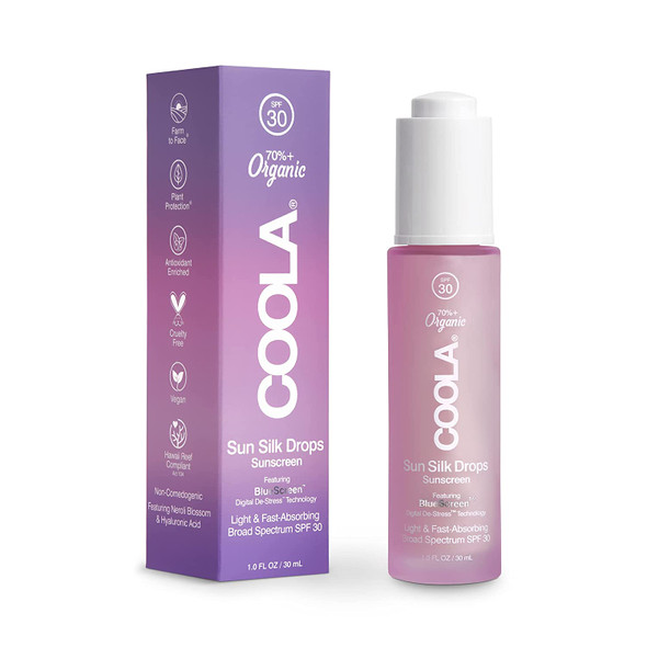 COOLA Organic Sun Silk Drops and Face Moisturizer with SPF 30, Dermatologist Tested Sunscreen with Plant-Derived BlueScreen™ Digital De-Stress™ Technology, 1 Fl Oz