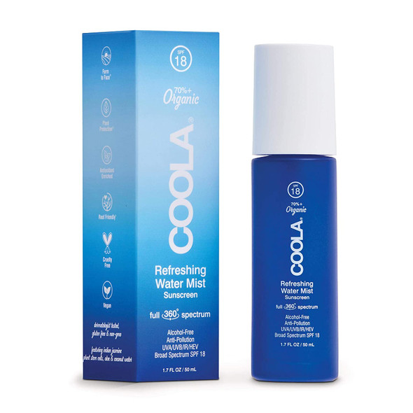 COOLA Organic Refreshing Water Mist Face Moisturizer with SPF 18, Dermatologist Tested Face Sunscreen with Plant-Derived BlueScreen Digital De-Stress Technology