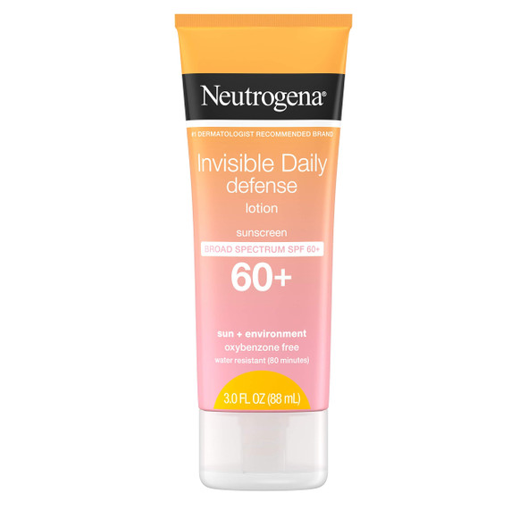 Neutrogena Invisible Daily Defense Sunscreen Lotion, Broad Spectrum SPF 60+, Oxybenzone-Free & Water-Resistant, Sun or Environmental Aggressor Protection, Antioxidant Complex, 3 Fl Oz