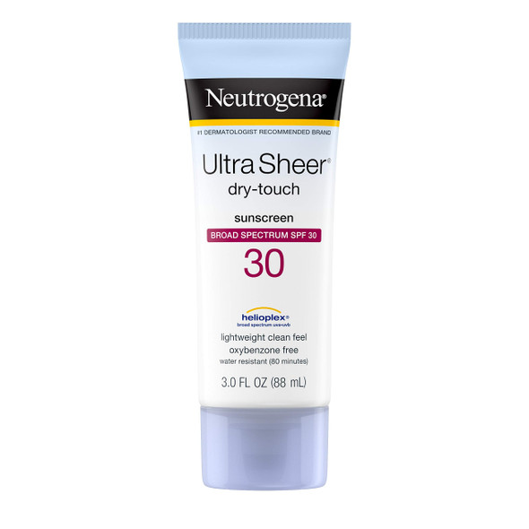 Neutrogena Ultra Sheer Dry-Touch Sunscreen Lotion, Broad Spectrum SPF 30 UVA/UVB Protection, Oxybenzone-Free, Light, Water Resistant, Non-Comedogenic ; Non-Greasy, Travel Size, 3 fl. oz