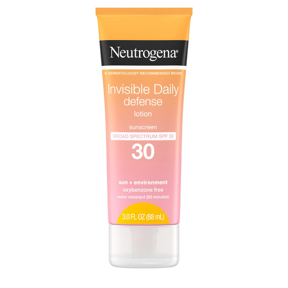 Neutrogena Invisible Daily Defense Sunscreen Lotion, Broad Spectrum SPF 30, Oxybenzone-Free & Water-Resistant, Sun & Environmental Aggressor Protection, Antioxidant Complex, 3.0 fl. oz