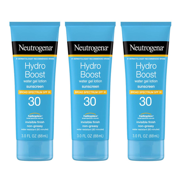 Neutrogena Hydro Boost Water Gel Non-Greasy Moisturizing Sunscreen Lotion with Broad Spectrum SPF 30, Water-Resistant Hydrating Sunscreen Lotion, 3 fl. Oz (Pack of 3)