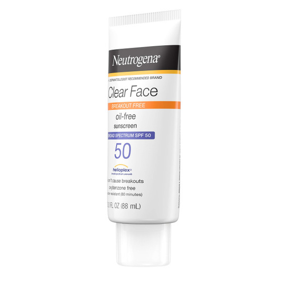 Neutrogena Clear Face Liquid Lotion Sunscreen for Acne-Prone Skin, Broad Spectrum SPF 50 UVA/UVB Protection, Oil-, Fragrance- & Oxybenzone-Free Facial Sunscreen, Non-Comedogenic, 3 fl. oz