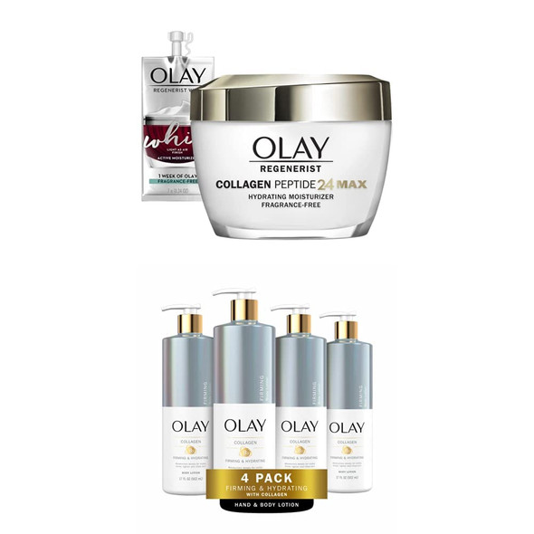Olay Regenerist Collagen Peptide 24 MAX Hydrating Face Moisturizer (1.7 Oz) with Travel Size Whip Face Moisturizer and Firming & Hydrating Body Lotion with Collagen, 17 Oz (Pack of 4)