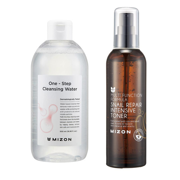 MIZON One step cleansing water + Snail repair intensive toner. Start your skincare routine bundle, Probiotic, Cleansing water, makeup remover, nautral ingredients, facial cleanser, Moisture, Hydrating