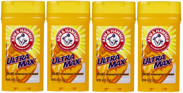 Arm & Hammer Ultra Max Antiperspirant Deodorant, Wide Stick, Invisible Solid, Unscented 2.6 Oz (Pack of 4)
