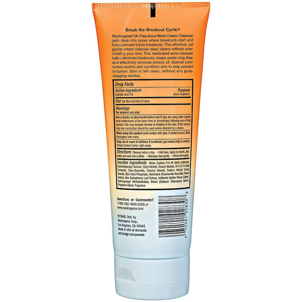Neutrogena Oil-Free Acne Wash Cream Cleanser 6.70 Oz