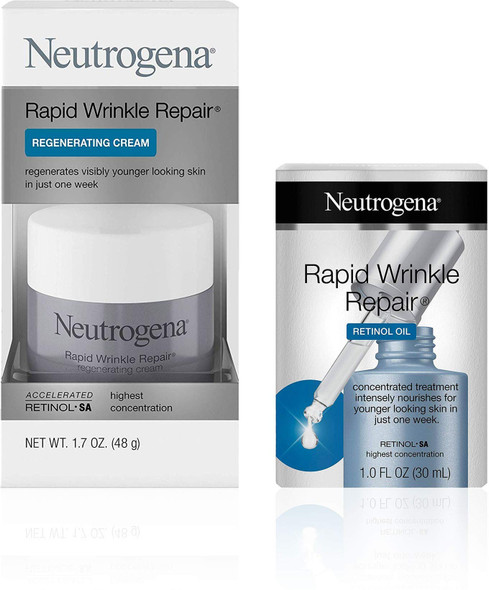 Neutrogena Rapid Wrinkle Repair Face Oil Retinol SA Serum for Face, 1.0 fl. Oz, and Neutrogena Rapid Wrinkle Repair Retinol 1.7 oz 1 ea