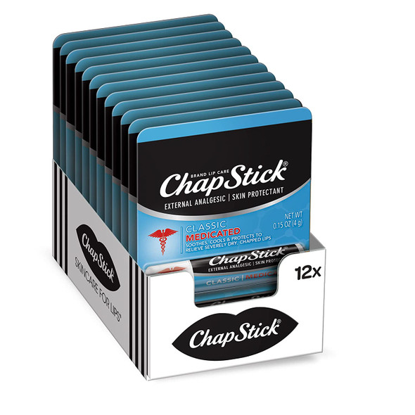 ChapStick Classic Medicated Lip Balm Tubes, Chapped Lips Treatment and Skin Protectant - 0.15 Oz (Pack of 12)