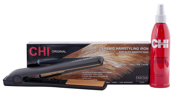 CHI Original Ceramic 1" Straightening Hairstyling Iron with Iron Guard Thermal Protection Spray, 1 Set