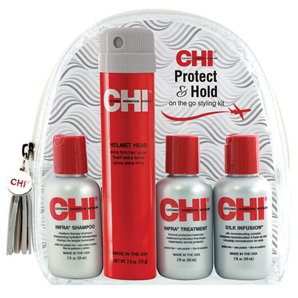 CHI Protect & Hold Travel Kit with Infra Shampoo, Infra Treatment, Silk Infusion and Helmet Head Hair Spray