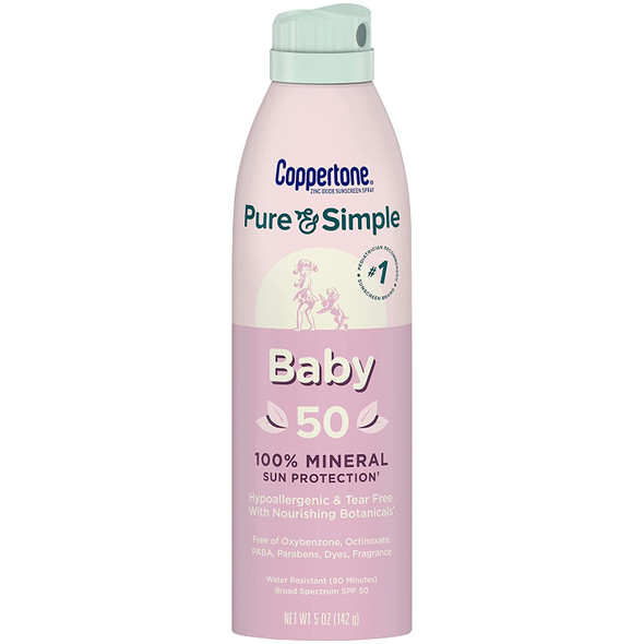 Coppertone Pure and Simple Baby Sunscreen Spray SPF 50, Zinc Oxide Mineral Sunscreen for Babies, Toddler Sunscreen, Water Resistant, Broad Spectrum SPF 50 Sunscreen, 5 Oz Spray Sunscreen